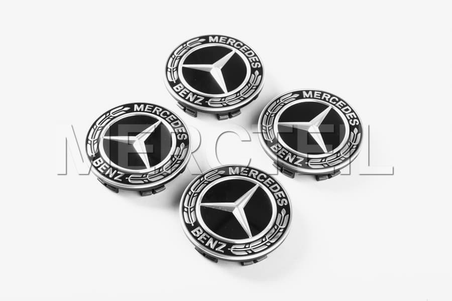 Set Of 4 Brand New Black Laurel Wreath Mercedes Wheel Center Caps - Genuine OEM Hub Emblems