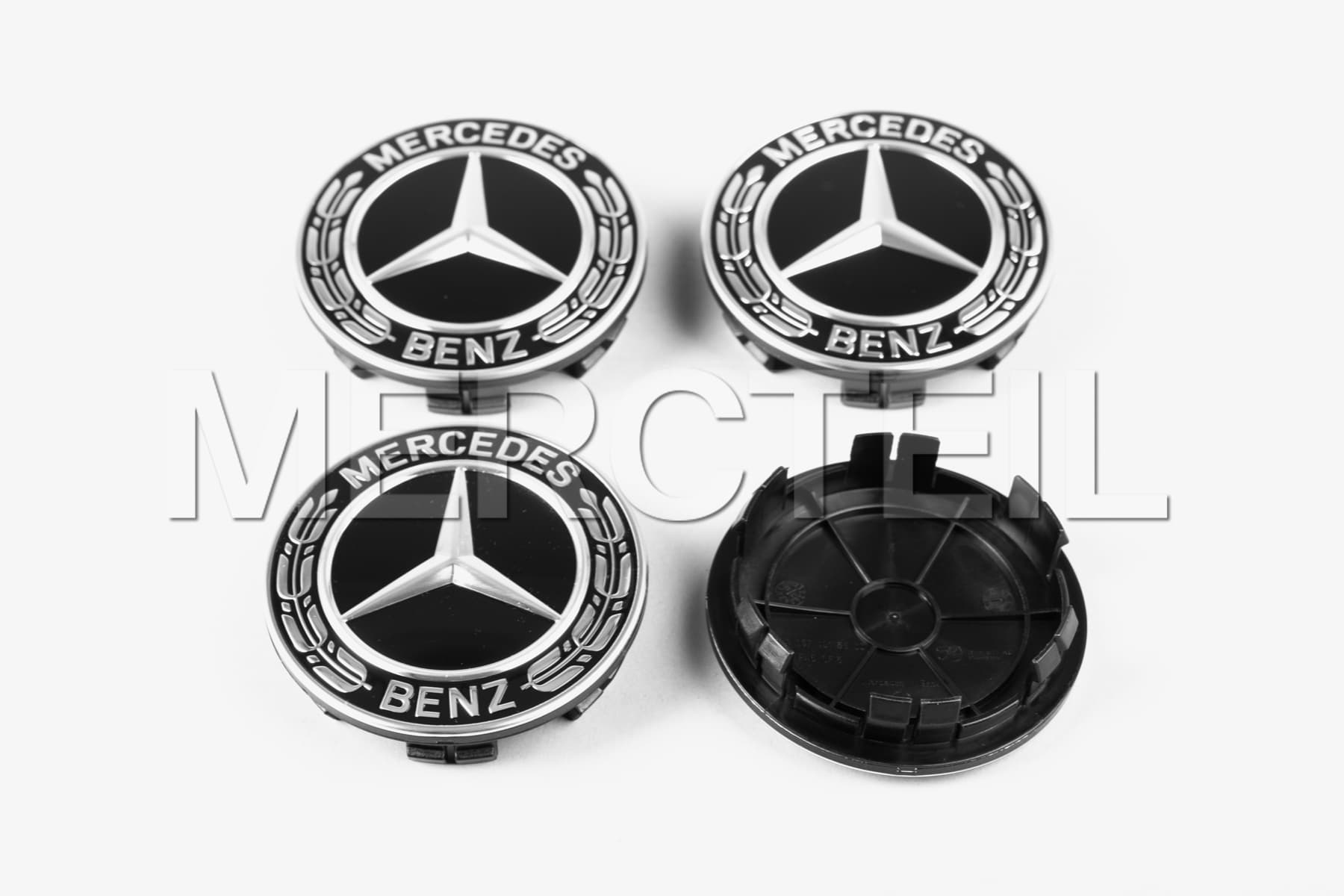 Black Glossy Laurel Wreath Wheel Hub Inserts Genuine Mercedes-Benz 66,8 MM (Part number: A16740159009040)