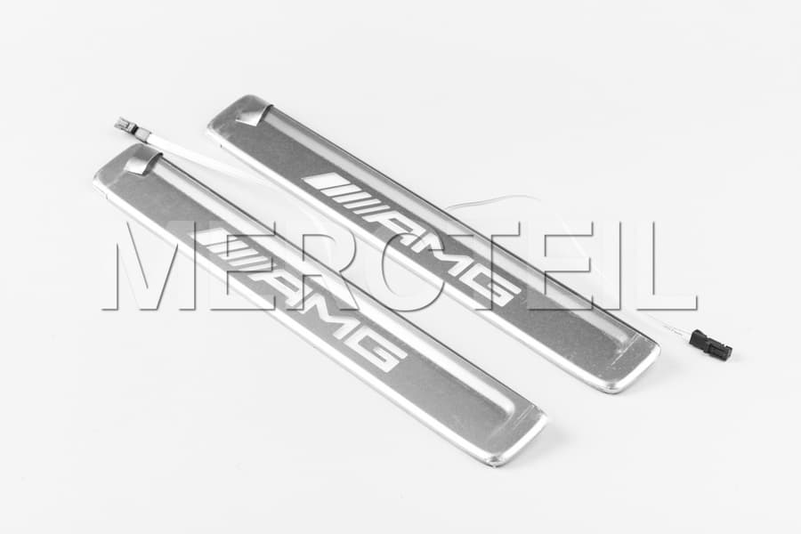 CClass AMG Illuminated Door Sills Silver Covers White Lettering 206