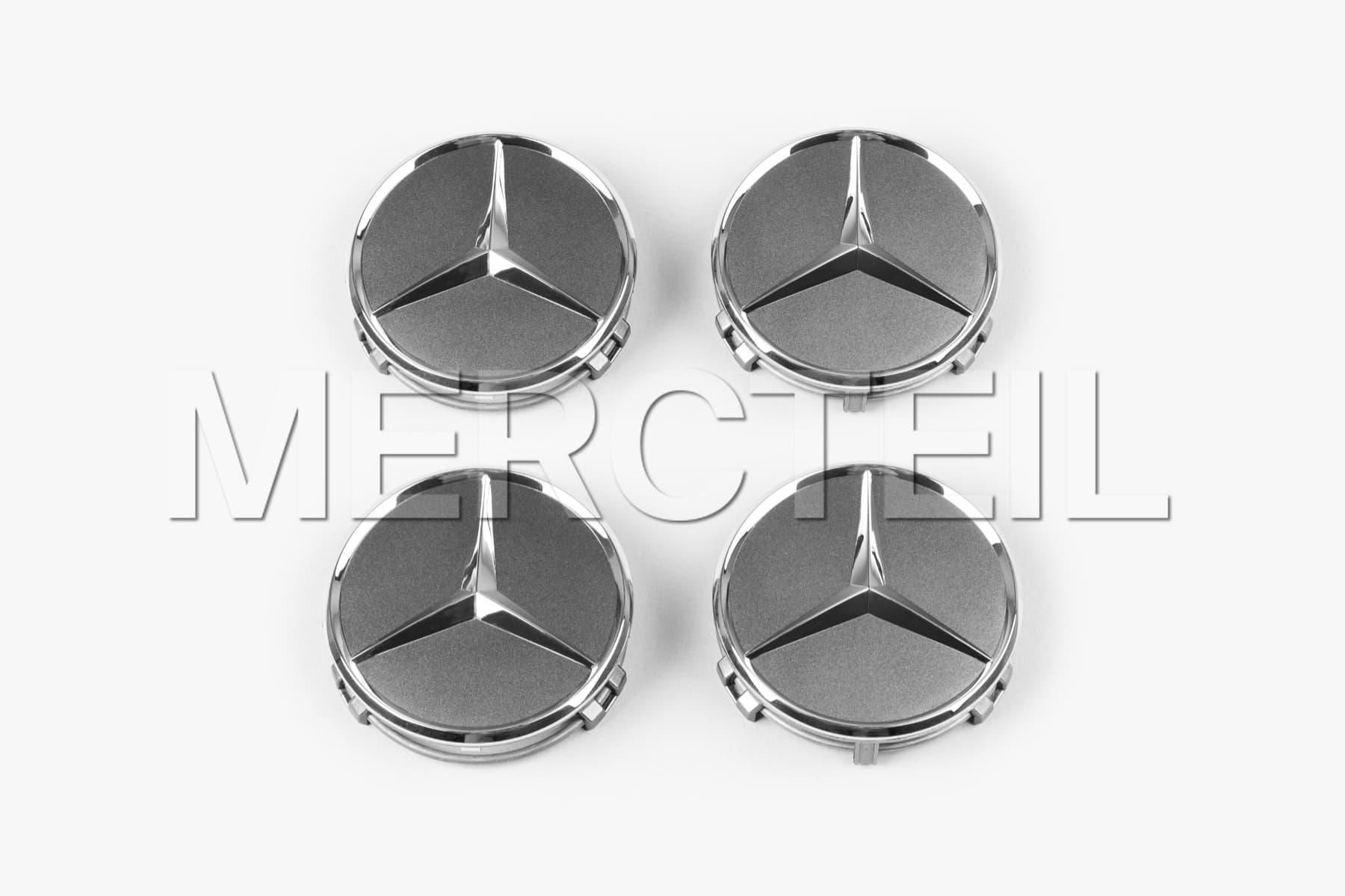 Wheel Hub Caps Himalaya / Titanium Gray Raised Star Genuine Mercedes-Benz (Part number: A22040001259771)
