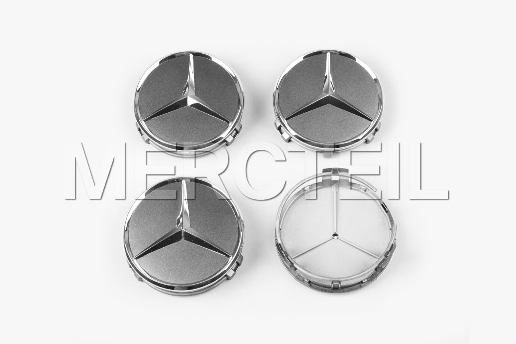 Wheel Hub Caps Himalaya / Titanium Gray Raised Star Genuine Mercedes-Benz (Part number: A22040001259771)